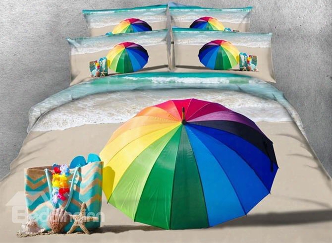 3d Rainbow Colored Umbrella And Beach Scenery Printed Cotton 4-piece Bedding Sets