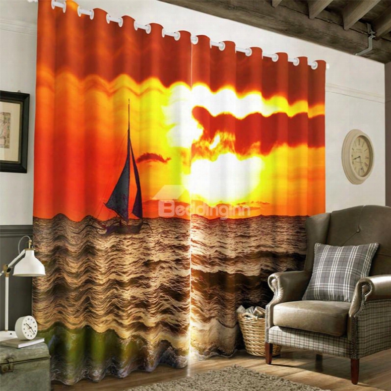 3d Red And Golden Sunrise And Sailboat On The Sea Printed Window Drapes