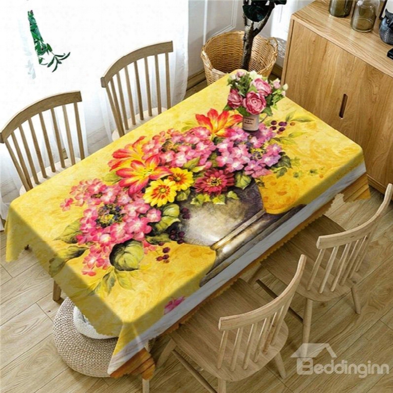 3d Retro Yellow Flowers And Vase Printed Noble Style Table Cloth