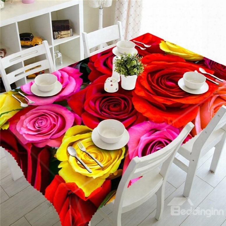 3d Romantic Colorful Rose Sea Printed Thick Polyester Decorative Table Cloth