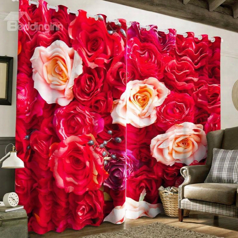 3d Romantic Red Roses Printed 2 Panels Grommet Top Custom Window Curtain