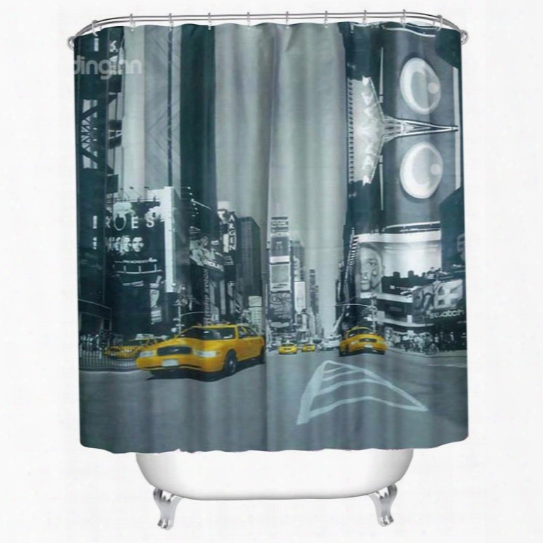 3d Running Taxi Surrounded By Buildings Polyester Waterproof Antibacterial And Eco-friendly Shower Curtain