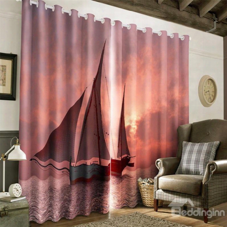 3d Sail Boat On The Waving Sea Printed 2 Panels Decorative And Blackout Curtain