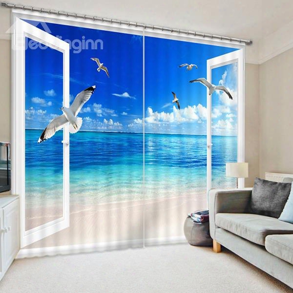 3d Seaside And Blue Sky With Flying Seagulls Printed Natural Scenery Custom Curtain