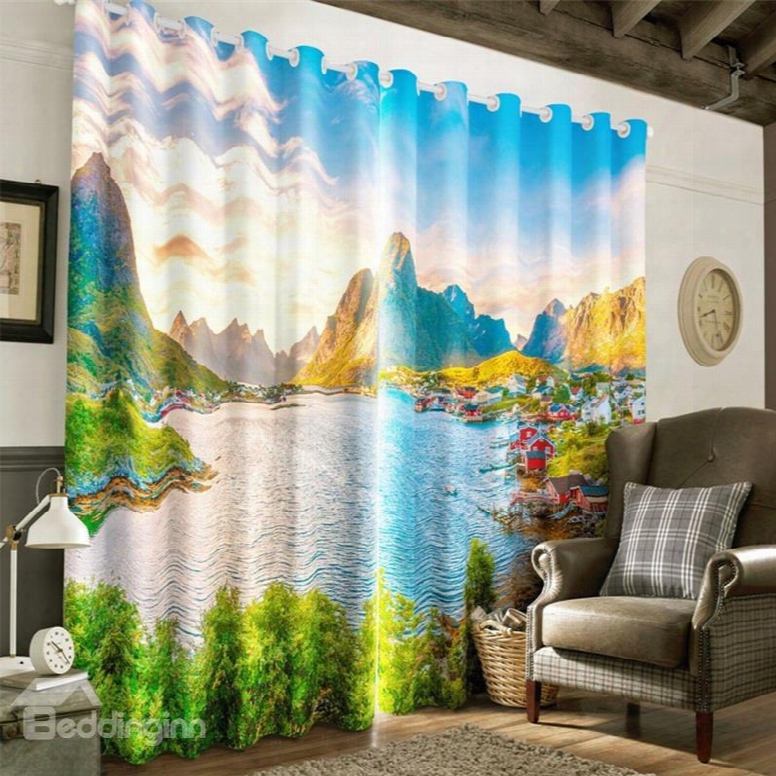 3d Seaside Villages And Flowing River Printed  Natural Style Bladkout Window Curtain