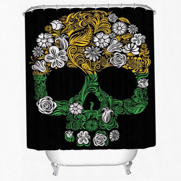 3d Skull With Flowersp Rinted Polyester Black Shower Curtain