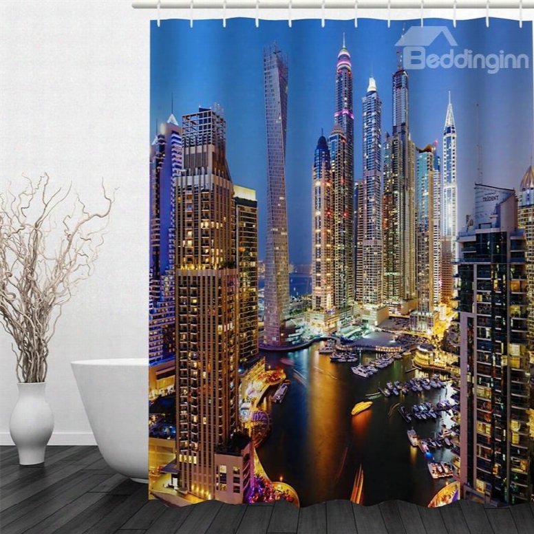 3d Skyscrapers In Night Polyester Waterproof Antibacterial And Eco-friendly Shower Curtain