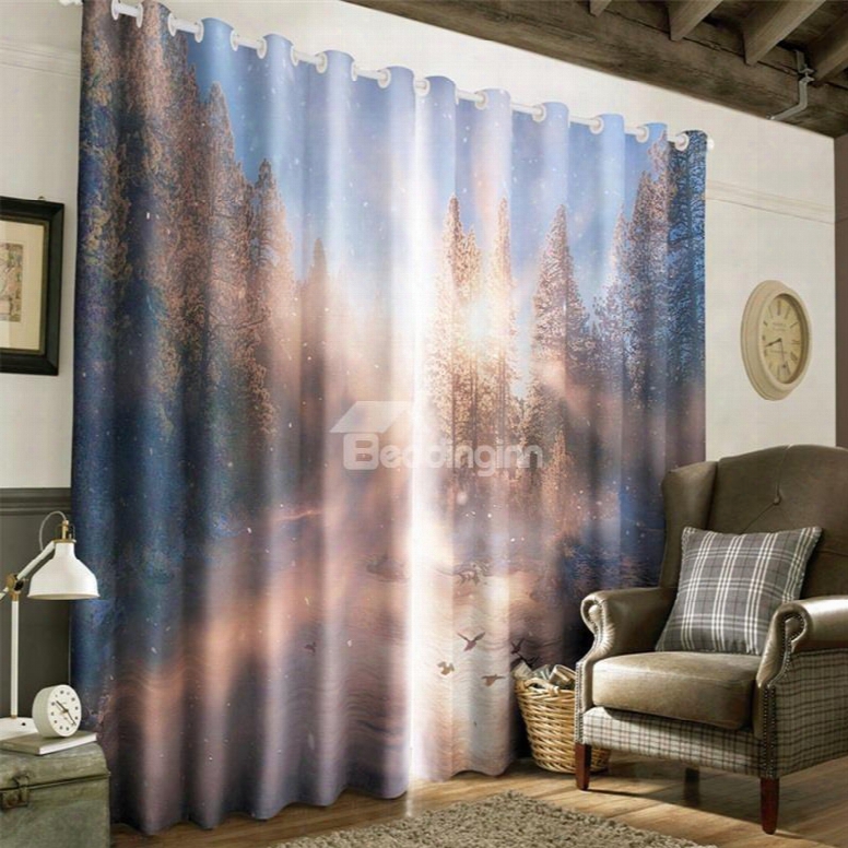 3d Soft Sunlight And Yellow Trees Printed 2 Panels Living Room Custom Curtain