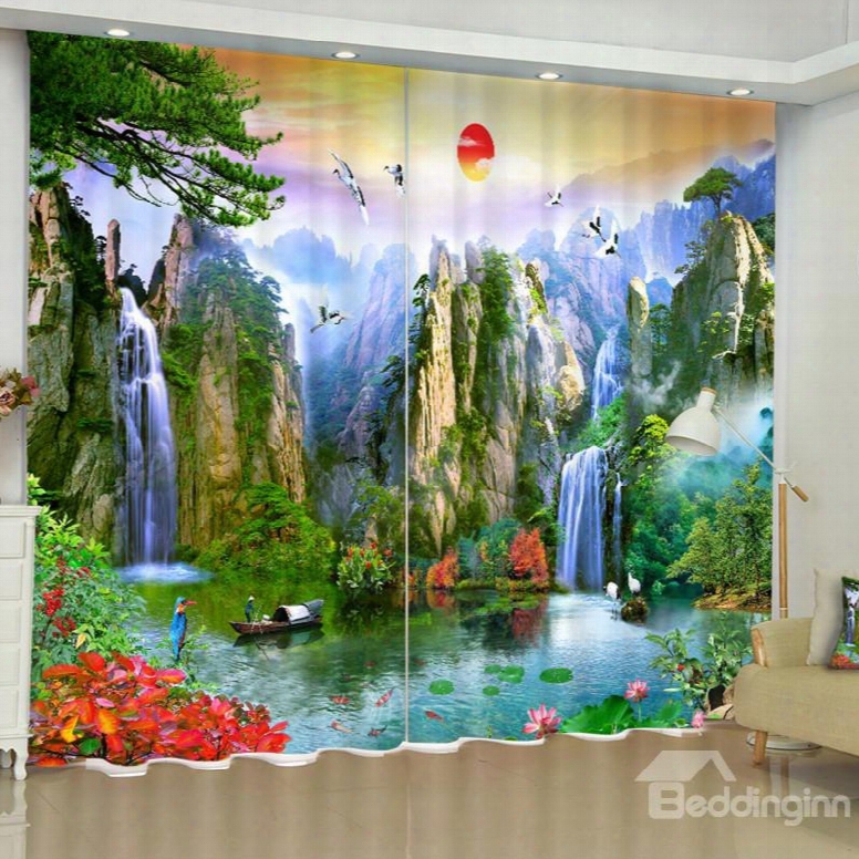 3d Steep Mountains And Rive Printed Natural Beauty Custom Living Room Curtain