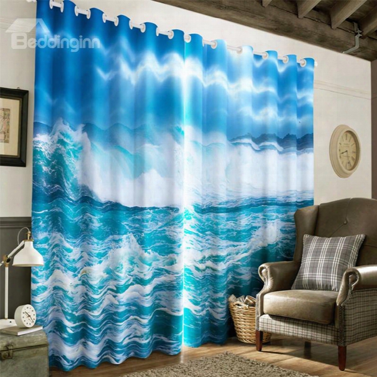 3d Surging Waves And Blue Sky Printed 2 Pieces Decorative And Light Insulation Curtin
