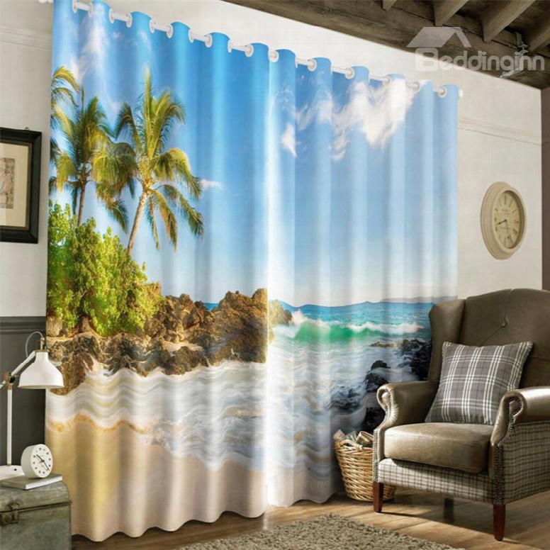 3d Surging Waves And Cool Beach Printed Natural Scene 2 Pieces Blackout Curtain