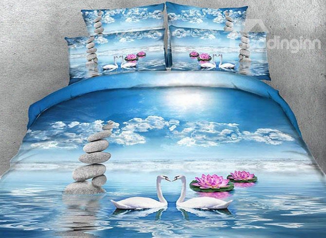 3d Swans  And Pink Lotus Printed 4-piece Bedding Sets/duvet Covers