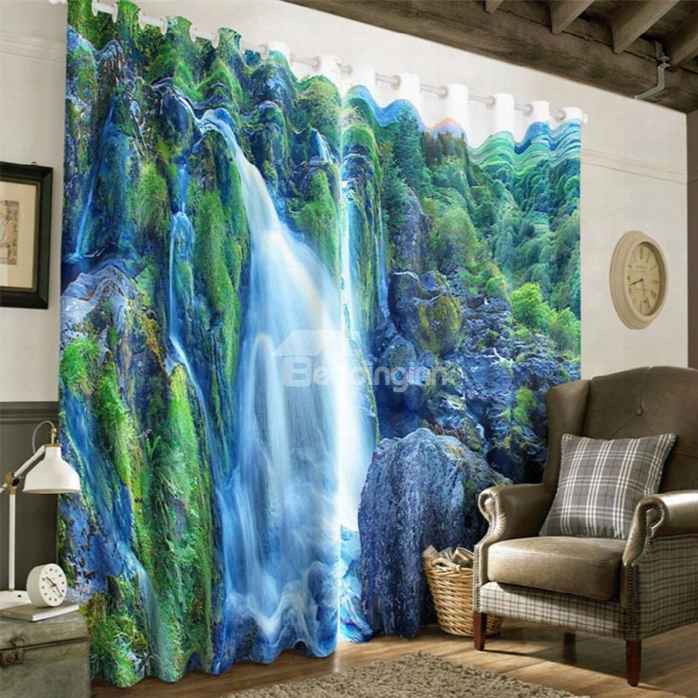 3d Thick Forest And Rolling Waterfalls Natural Scenery Two Panels Custom Curtain