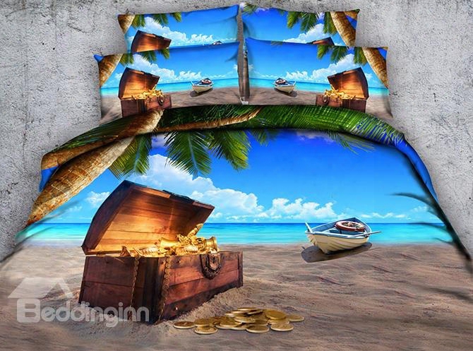 3d Treasure Box On The Beach Printed 4-piece Bedding Sets/duvet Covers