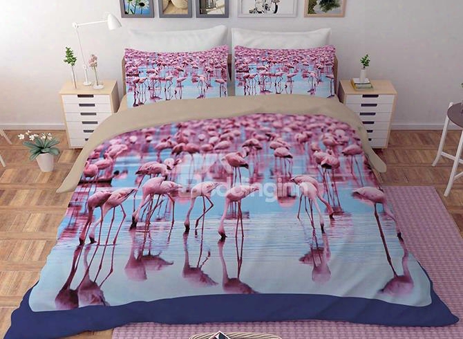 3d Tropical Flamingo By The Sea Printed Polyester 4-piece Beddi Ng Sets/duvet Covers