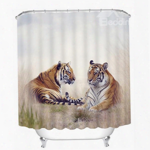 3d Two Lying Tigers Printed Polyester Shower Curtain