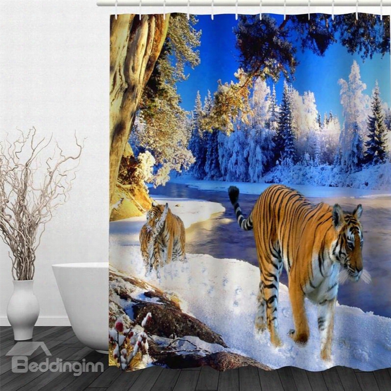 3d Walking Tigers On Snowy Ground Polyester Waterproof Antibacterial And Eco-friendly Shower Curtain