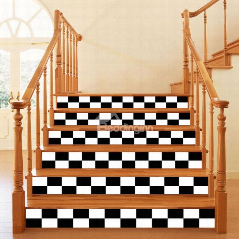 3d White And Black Plaids 6-piece Pvc Waterproof Eco-friendly Self- Adhesive Stair Mural