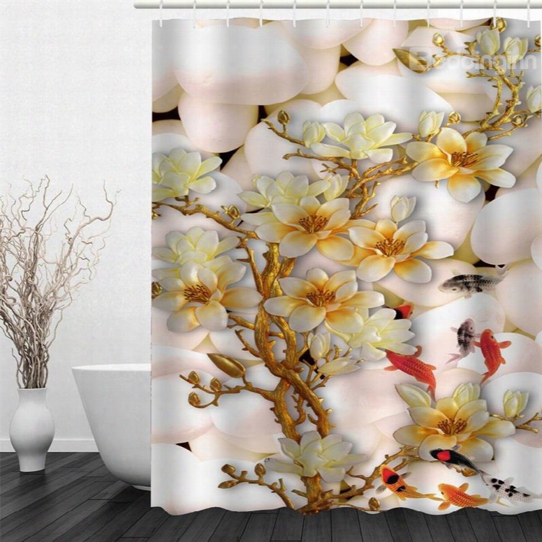3d White Flowers Pattern Polyester Waterproof And Eco-friendly Shower Curtain
