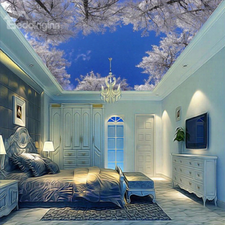 3d White Snowy Branches Printed Waterproof Durable And Eco-friendly Ceiling Murals