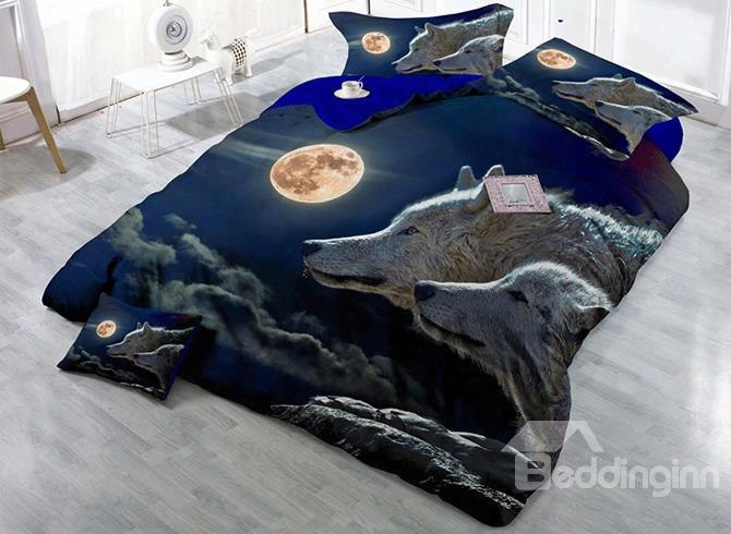 3d Wolves And The Moon Printed Cotton 4-piece Bedding Ests/duvet Cover