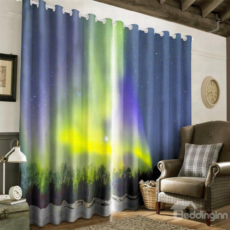 3d Wonderful Night Scenery With Bright Stars Printed Polyester Decorative Window Curtain