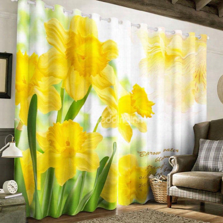 3d Yellow Flowers Printed Pastoral Style Polyester Custom Living Room Curtain