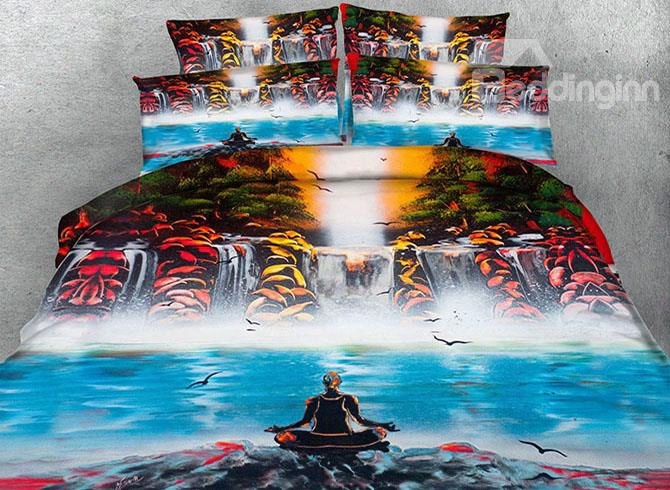 3d Yogi And Waterfall Scenery Printed 4-piece Bedding Sets/duvet Covers