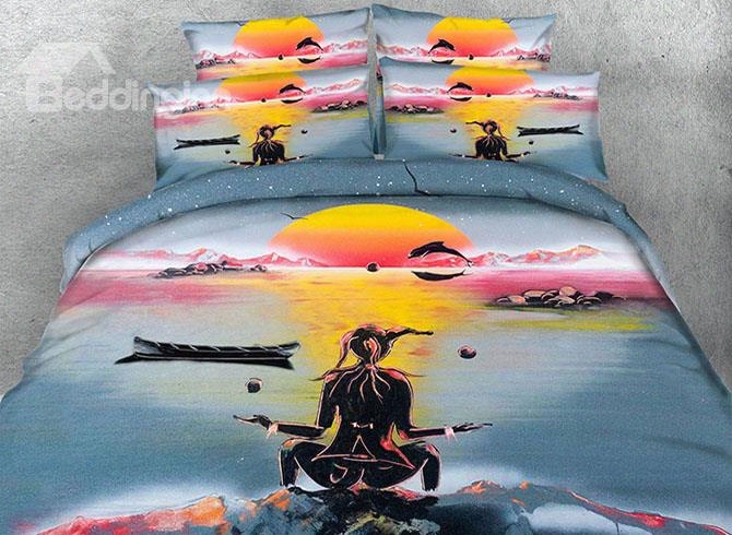 3d Yogi Under Sunset Printed 4-piece Bedding Sets/duvet Covers