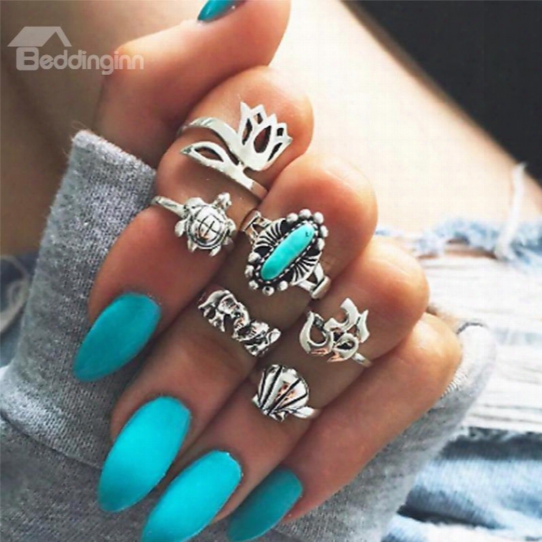 6 Pieces Vintage Blue Silver Boho Rings Set