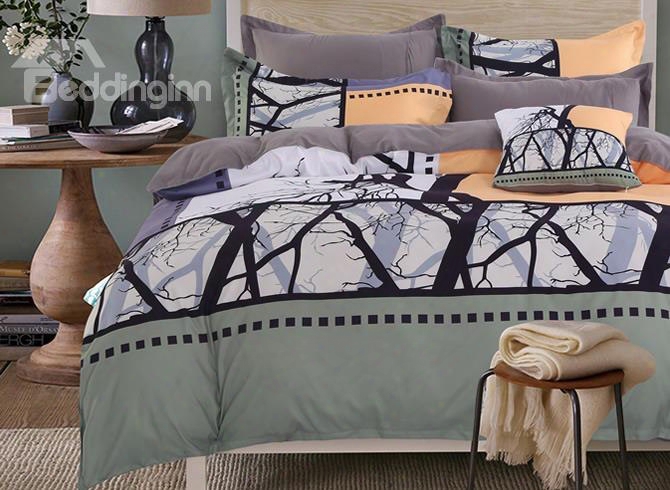 Adorila 60s Brocade Withered Tree Branches Yellow Film Photography 4-piece Cotton Bedding Sets