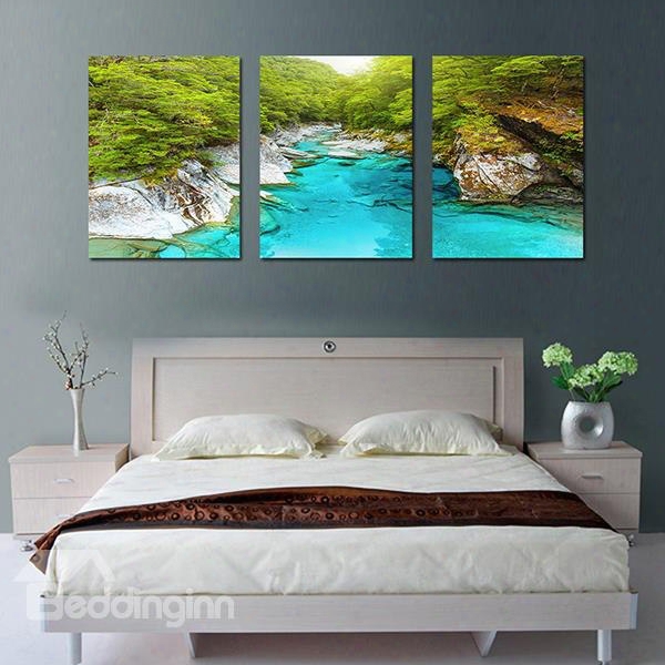 Beautiful Nature Crystal Blue Creek In Valley 3-panel Canvas Framed Wall Prints