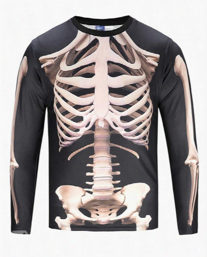 Black White Skeleton Long Slleeve Round Neck 3d Painted T-shirt