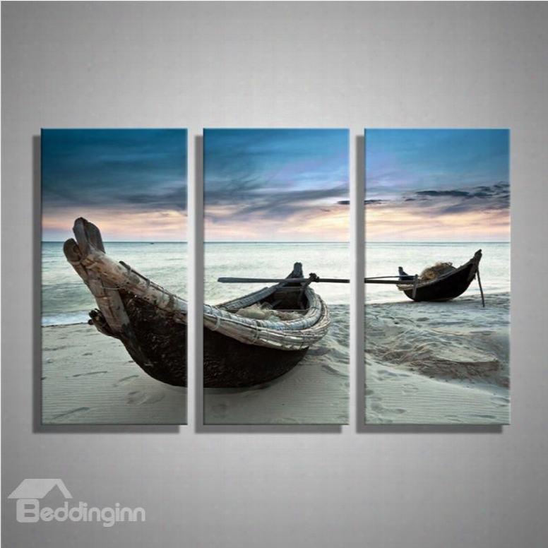 Boats On Beach Printed Hanging 3-piece Canvas Eco-friendly And Waterproof Non-framed Prints