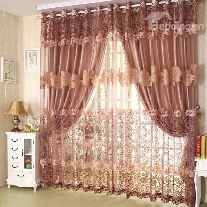 Breathable Polyester Sheer And Lace Embroidered 2 Panels Custom Sheer Curtain