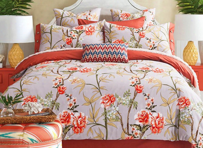 Bright Pastoral Style Orange Flowers Printing 4-piece Cotton-wool Bedding Sets/duvet Cover