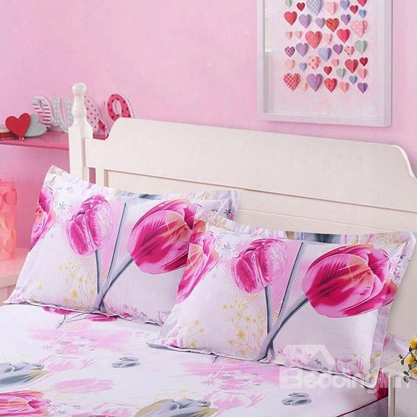 Bright Pink Tulips Print Cotton 2-piece Pillow Cases