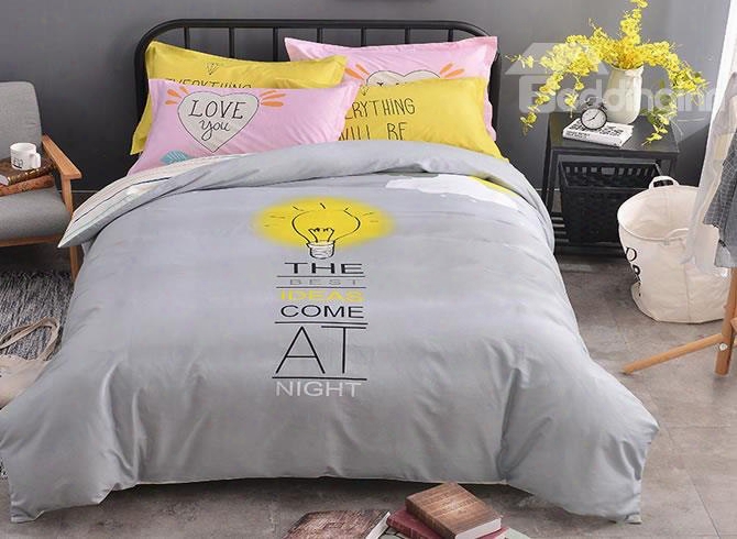 Bulb Printed Cotton Simple Style Gray Kids Duvet Covers/bedding Sets