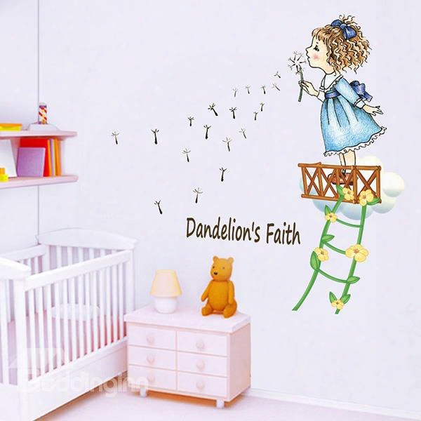 Cartoon Girl Blowing Dandelion Kidsroom Removable Wall Sticker