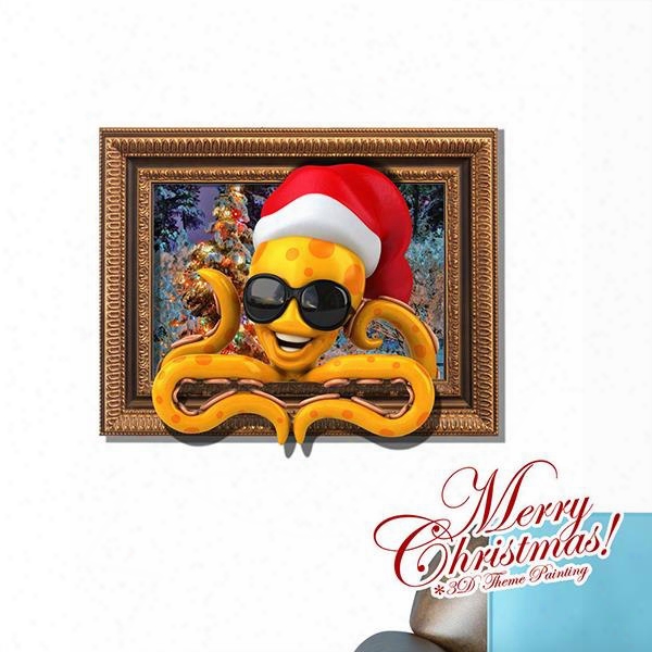 Cartoon Octopus In Christmas Hat Removable 3d Wall Sticker