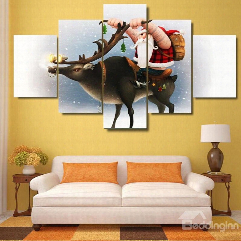 Christmas Father On Moose Hanging 5-piece Canvas Eco-friendly And Waterproof Non-framed Prints