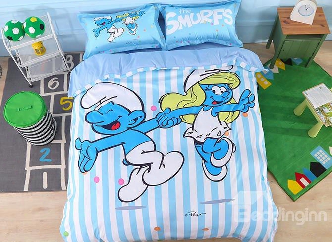 Clumsy Smurf And Smurfette Dancing 4-piece Blue Bedding Sets/duvet Covers
