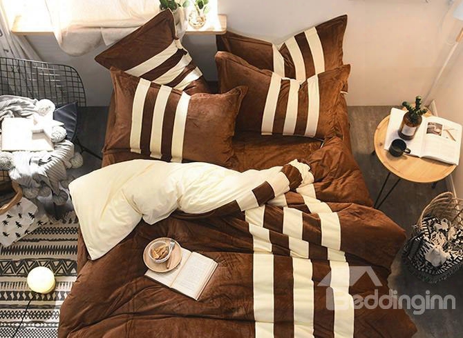 Coffee And White Stripes Color Blocking Sporty Super Soft 4-piece Bedding Sets/duvet Cover