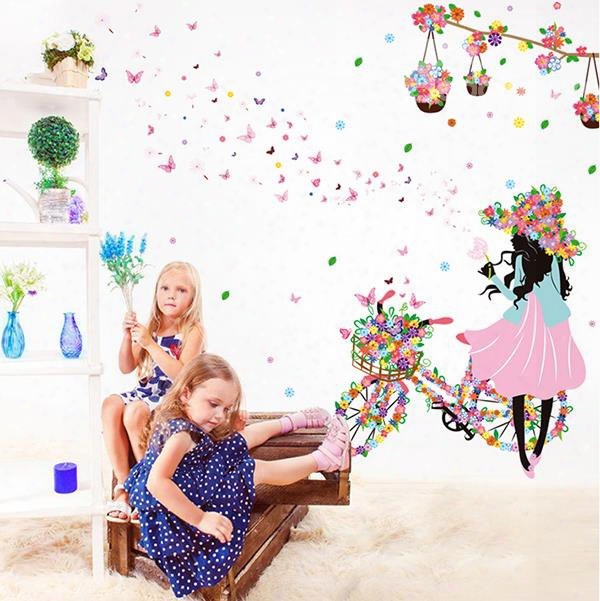 Colorful Butterflies Girl With Flower Bike Print Wall Sticker