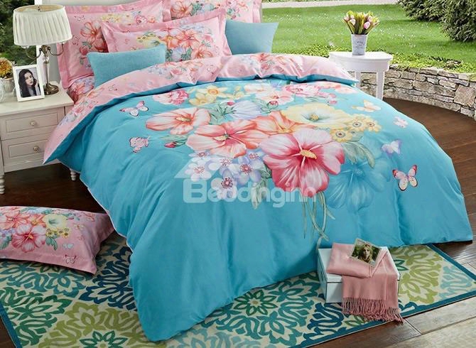 Colorful Flowers Blooming And Flying Butterflies Blue Cotton 4-piece Bedding Sets/duvet Cover