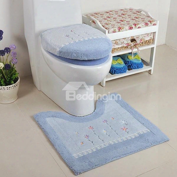 Contemporary Concise Blue Flower Toilet Seat Cover And Rug Set