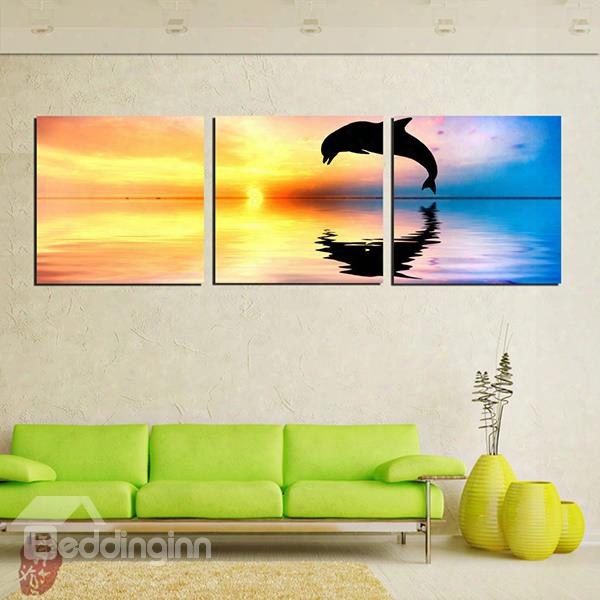 Creative Dolphin Profile On The Sea In Sunset 3-panel Canvas Wall Art Prints