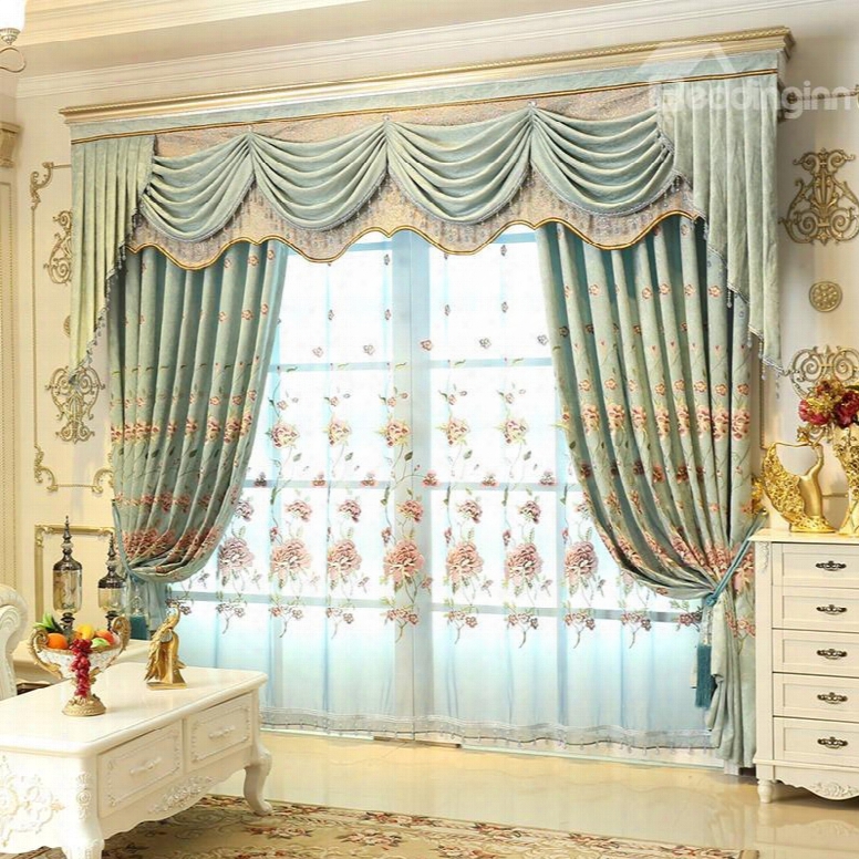 Decorative And Breathable Light Blue With Embroidered Flowers 2 Panels Living Room Sheer Curtain