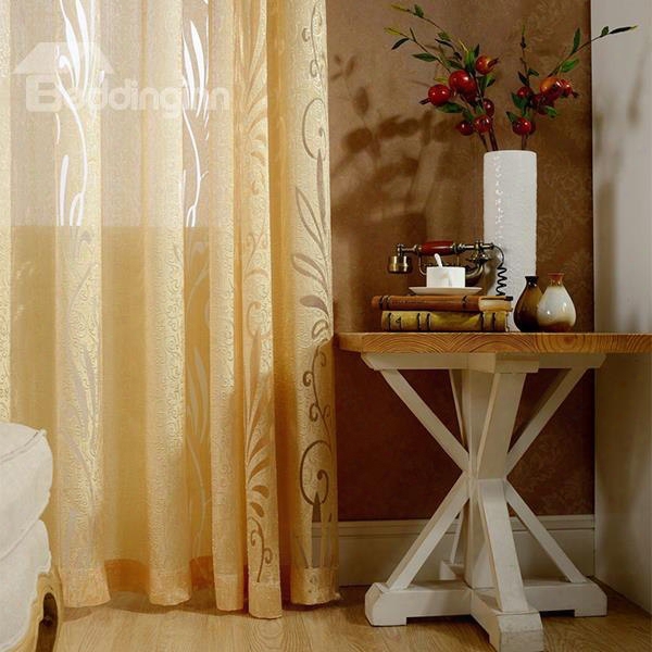 Decorative Polyester Flowers Hollowing Pattern Yellow Color European Style Golden Custom Sheer Curtain