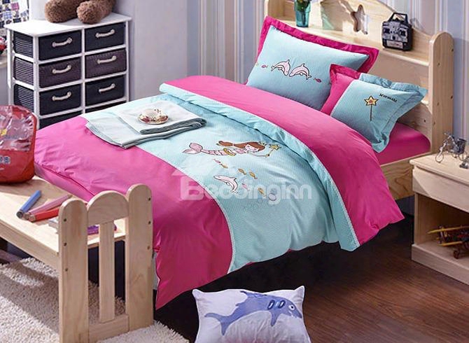 Delicate Mermaid Embroidered 100% Cotton-wool Kids Duvet Cover Set